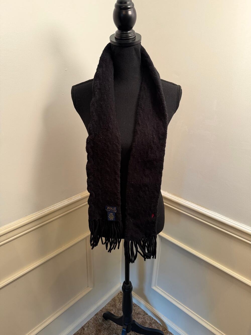 Polo Ralph Lauren Black Cable Knit Scarf Wool Blend Red Pony Logo Fringe Preppy